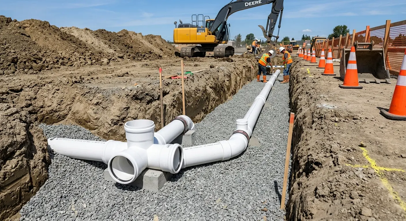 New PVC sewer pipe installation in open trench for Commercial Drain Cleaning in Golden Valley